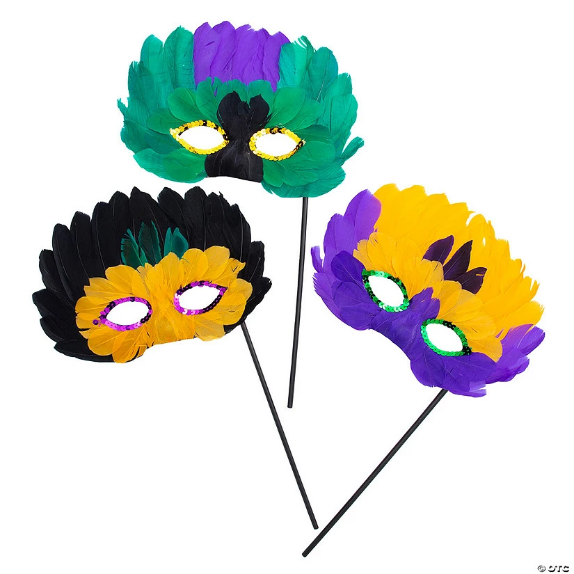 Mardi Gras Feather Mask With Stick- 12 Pc. 3 Mardi Gras Feather Mask With Stick- 12 Pc.